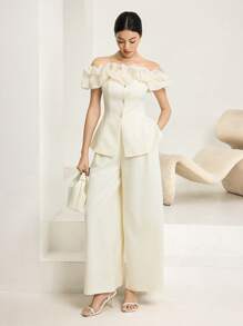 Heiryn 女士时尚优雅不对称肩部上衣和裤子两件套 - 杏色 - 查看 3