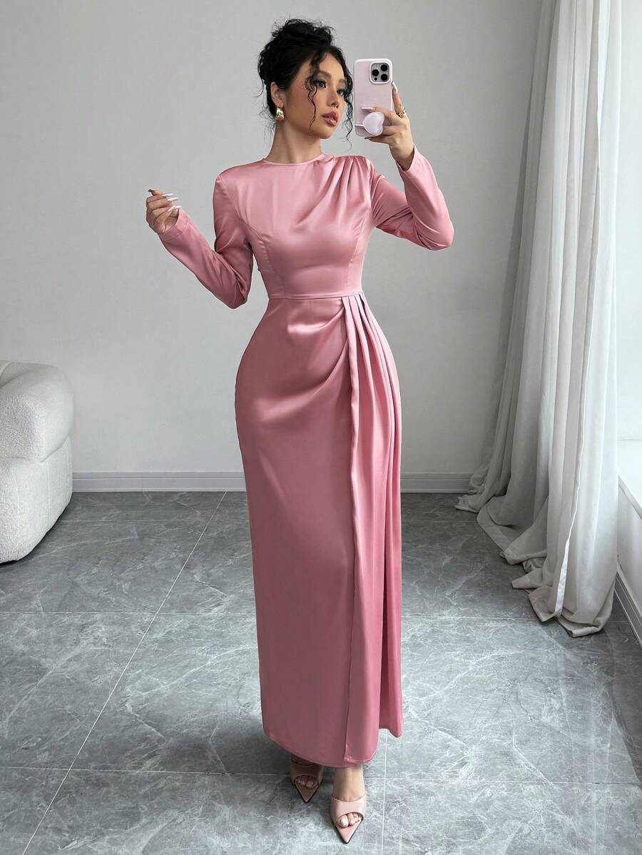 Elenzga Women Solid Satin Ruched Shoulder Party Elegant Long Sleeve Dress With Side Slit Maxi Women Outfit - Pink - View 1