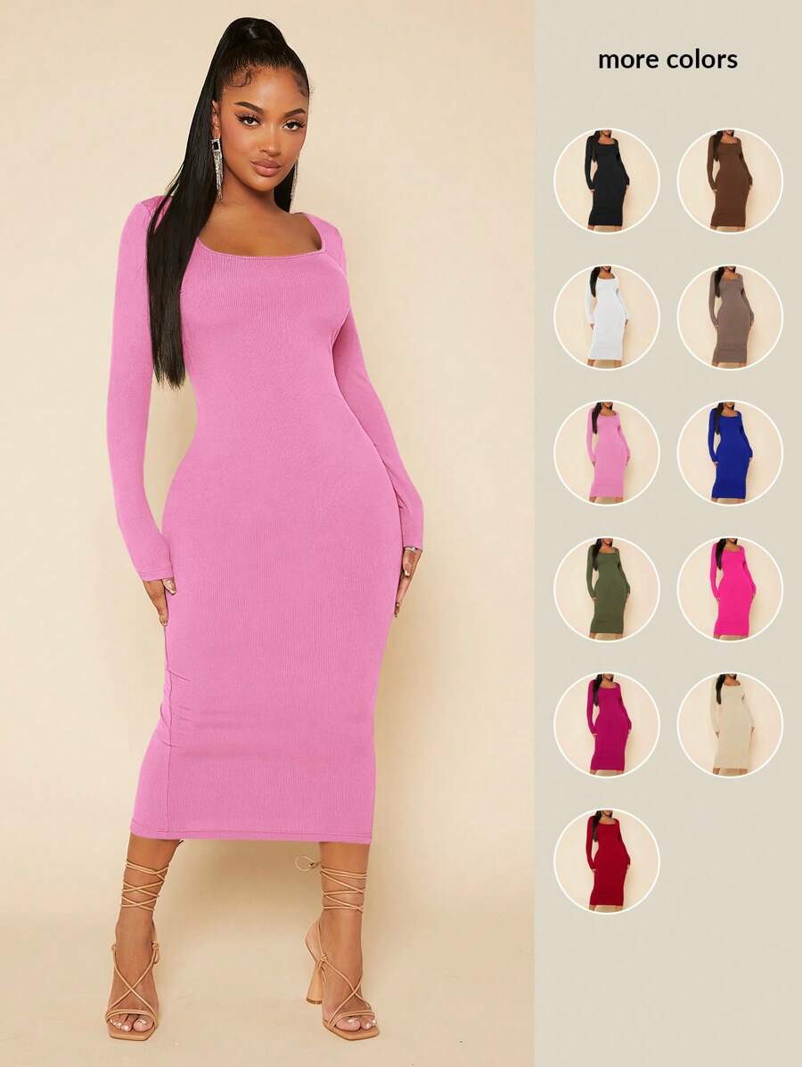 SHEIN SXY 素色大圓領緊身洋裝 - 粉色 - 查看 1