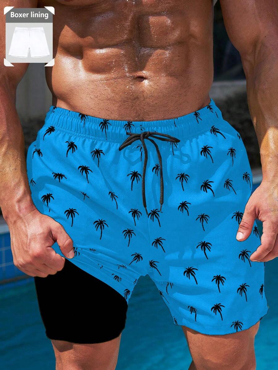 Surfspeed Herren Palmen Muster Shorts mit Kordelzug Taille und Taschen, Hawaii-Stil