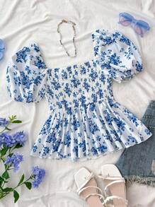 SHEIN Teen Girls Clothing New Design Square Collar Puff Sleeve Cinched Waist Ruffle Hem Ditsy Ditsy Floral Casual Elegant Blouse
