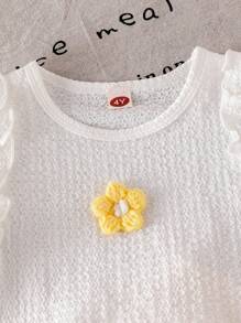 SHEIN Conjunto de colete e short amarelo com babados, malha jacquard marfim, para meninas pequenas, roupa de verão fofa e adorável para bebês