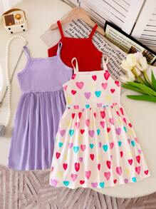 SHEIN 3 pezzi Vestito a coste multicolore senza maniche aderente e a ruota per ragazze, casual, da vacanza, carino e vivace