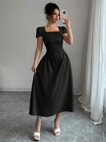 Elenzga Vestido midi elegante de mujer con manga abullonada, cuello redondo, cintura marcada y silueta estilizada, ideal para paseos, vacaciones y tardes de té, en primavera/verano