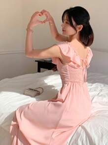 DAZY Women's Pink Waist-Cinched Ruffle Hem Long Dress, Vacation Style - Pink - View 6