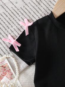 SHEIN 2 件套女宝宝新款韩版时尚短袖条纹衬衫配蝴蝶结+甜美高腰阔腿休闲长裤，夏季 - 黑色 - 查看 7