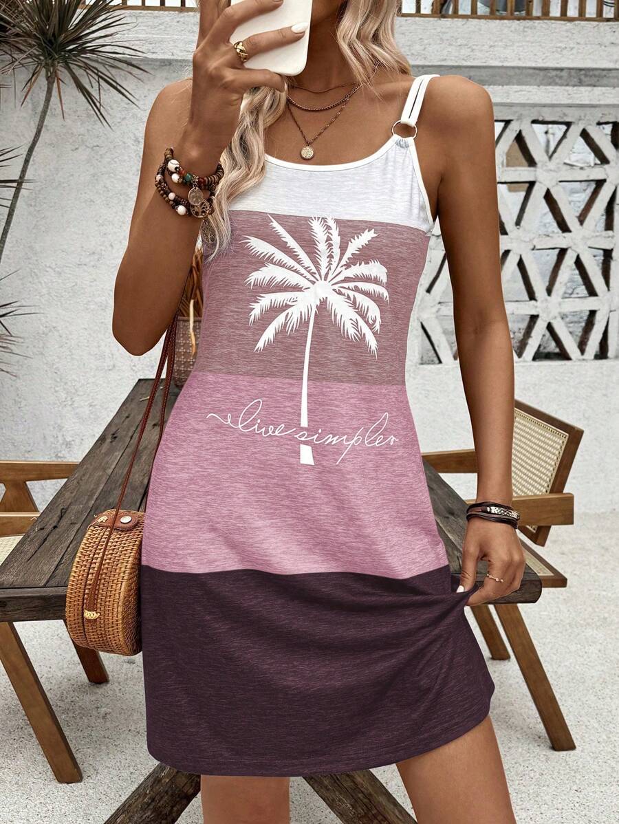 EMERY ROSE Women's Summer Two Strap Round Ring Decoration Printed Palm Tree & Color Block & Letter Pattern Holiday Dress Vacation Beach Outfit - Multicolor - View 1