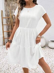 EMERY ROSE Women Plain Round Neck Short Sleeve Ruffle Hem Casual Mid-Length Dress White Dresses For Women - White - View 6
