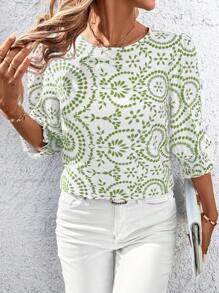 SHEIN Clasi 女士印花泡泡袖衬衫 - 綠色 - 查看 3