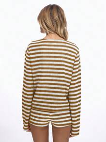 MISSGUIDED Conjunto a juego de punto acanalado con botones, manga larga, de cintura alta, short ciclista tipo loungewear para otoño e invierno