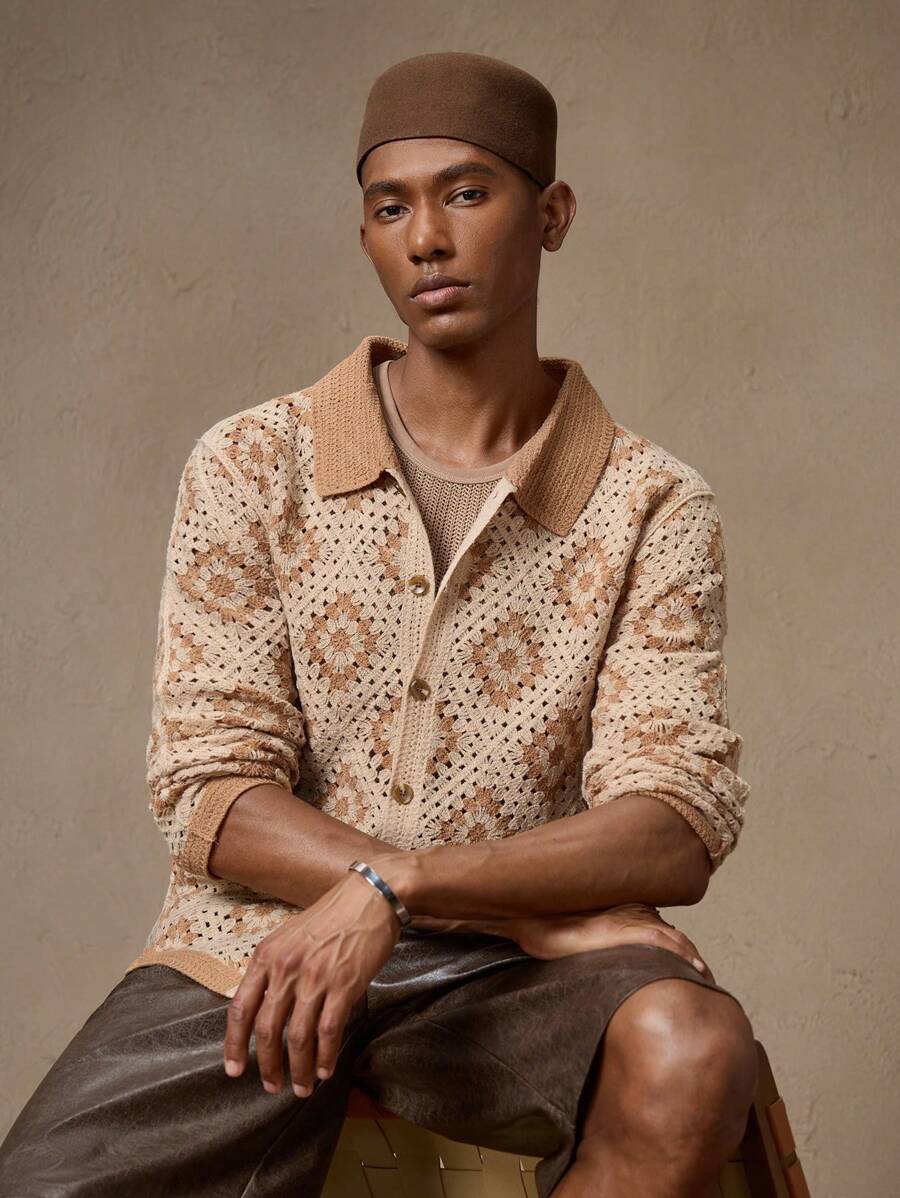 AKNOTIC Business Casual Áo len nam dáng ôm, vai thường, thích hợp cho mùa xuân và mùa thu. - Màu be - Xem 1