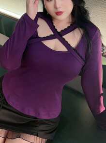 Dazy Plus Purple Wrap-Around V-Neck Long Sleeve Cropped T-Shirt - Purple - View 1