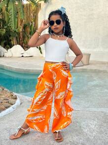 Tween Girl Spring & Summer Casual Tropical Plant Orange Print Ruffle Hem Super Wide Leg Pants , Mommy And Me Matching Outfits(2 Sets Are Sold Separately)