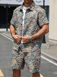 Manfinity Homme 2-Piece Plus Size Men's Casual Short Sleeve Shirt Set, Polo Collar Shirt & Shorts Set, Suitable For Casual Outdoor And Vacation, Classic Vintage Rose Floral Jacquard Textured, Vacation Style, Spring/Summer