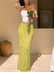 Serisse Váy dài đính sequin mùa hè mới, váy đuôi cá lưới đàn hồi thêu sequin màu xanh lá cây, trang phục ngày lễ thanh lịch, áo hai dây thêu sequin, lễ hội hóa trang, Ibiza, váy đính hạt màu xanh lá cây xô thơm lấp lánh - màu xanh lá - Xem 3