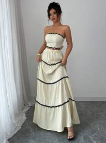 SHEIN PETITE 2pcs/Set Women Elegant Top And Skirt Suit - Apricot - View 5