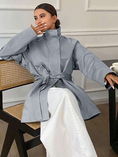 DAZY 纯色宽松长袖腰带口袋春季休闲女士风衣外套