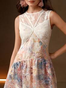 Anewsta Elegant Sleeveless Cinched Waist Floral Print Slim Fit Dress, Suitable For Spring/Summer Festivals, Graduation - Multicolor - View 3