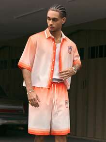 AXEPEAK 2 件套街头风格休闲男士宽松印花 Polo 衫和短裤套装，舒适服装