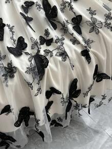 Franclia 时尚百搭优雅网眼刺绣蝴蝶松紧腰半身裙，女式夏季新款杏色A字裙，女式夏季黑色半身裙，女式长裙 - 杏色 - 查看 7