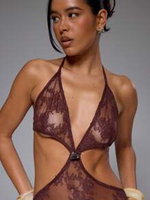 MUSERA 系带露背蕾丝超大镂空修身无袖长裙，适合生日、春夏度假、海滩游泳，优雅可爱性感，波西米亚风，伊比沙岛沙漠兰花长裙 - 咖啡 - 查看 5