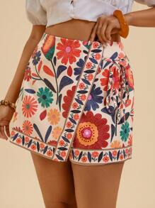 Travachic Plus Size Bohemian Style Casual Beach Shorts With Tie Up Decoration And Ruffles For Women Women Plus Clothing Shorts Woman S Summer Clothes - Multicolor - View 3