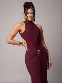 Silquee 女士优雅派对长袖性感高领露背连衣裙，带金属扣装饰，有酒红色和砖红色可选，采用弹力针织面料制成，适合鸡尾酒会、浪漫约会、秋冬休闲装、婚礼、伴娘、正式派对、万圣节、圣诞节、连衣裙、女士连衣裙 - 酒紅色 - 查看 3