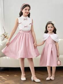 2件套女童蝴蝶结领无袖上衣和裙子套装 - 彩色 - 查看 2