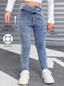 SHEIN 年轻女孩的 Y2K 蓝色牛仔弹力紧身牛仔裤，柔软舒适的针织牛仔紧身裤