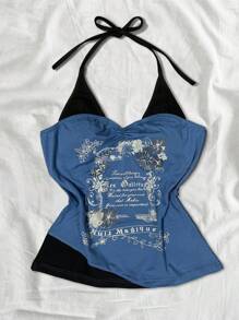 女式标语印花荷叶边挂脖吊带背心 - 藍色 - 查看 4