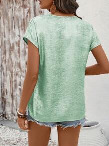 SHEIN LUNE Women's Shiny V-Neck Casual Short Sleeve Blouse, Summer - Mint Green - View 2