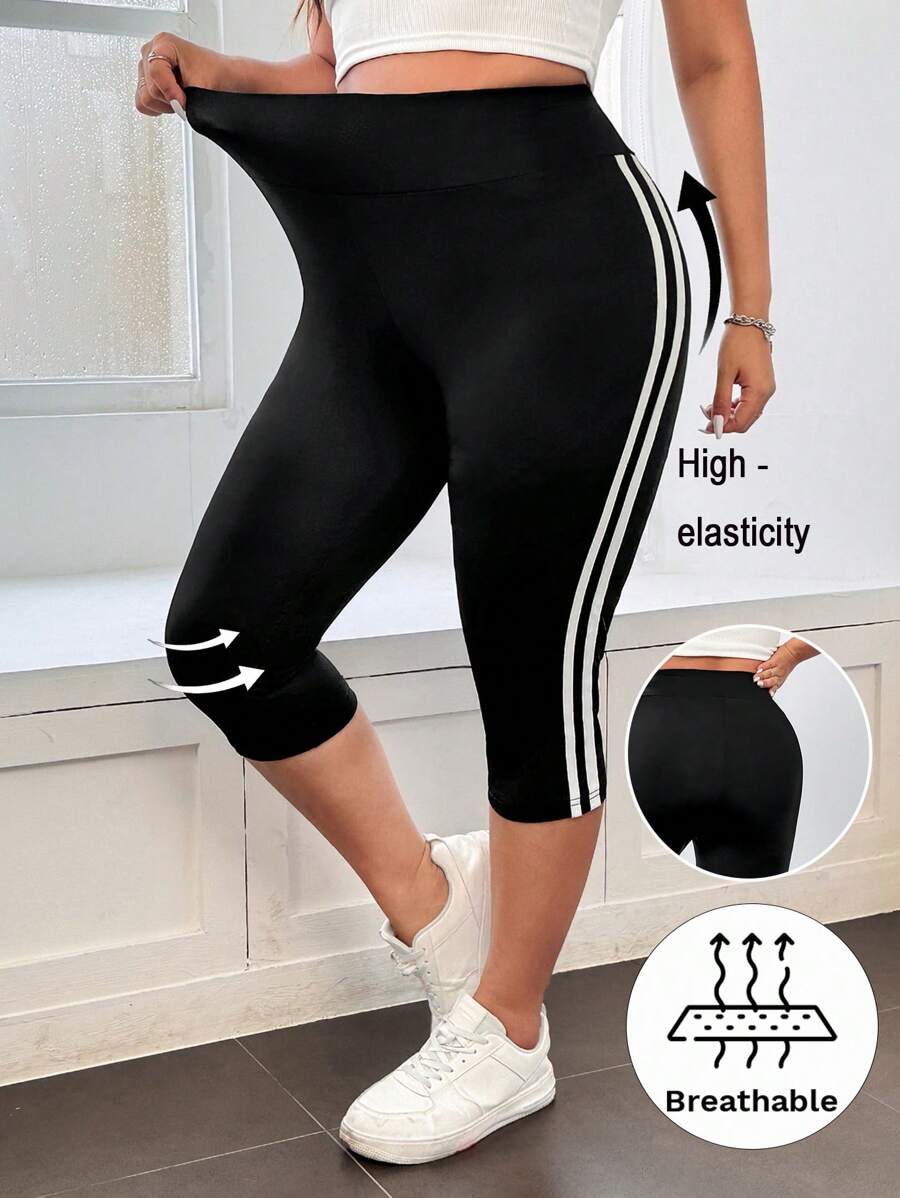 SHEIN EZwear 黑色休闲修身七分裤，大码 - 黑與白 - 查看 1