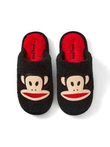 Paul Frank X SHEIN 时尚拼色猴子刺绣毛绒包头拖鞋，配羊毛衬里，刺绣可爱图案，男女通用，适合所有季节，适合室内/家居穿着