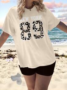 Veykashi Leopard Print Numeric Pattern Plus Size Casual Minimalist Round Neck Short Sleeve Loose Plus Size T-Shirt - Apricot - View 1