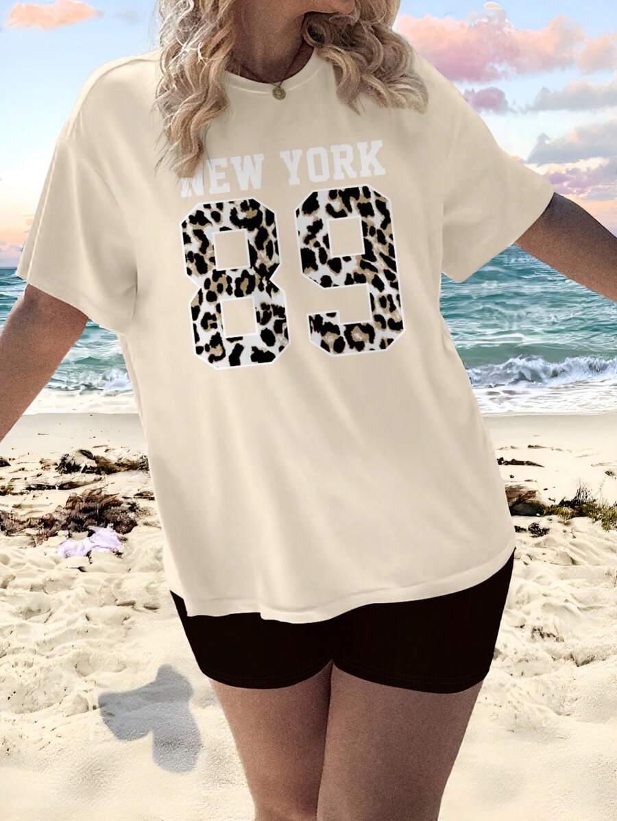 Veykashi Leopard Print Numeric Pattern Plus Size Casual Minimalist Round Neck Short Sleeve Loose Plus Size T-Shirt - Apricot - View 1