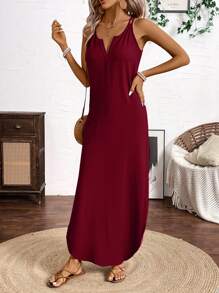 Breezaya 垂直条纹多色细肩带连衣裙长款女装 - 酒紅色 - 查看 4