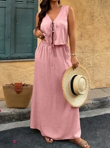 SHEIN Clasi Plus Size Women's Vacation Casual Drawstring Halter Top And Skirt Set - Baby Pink - View 1