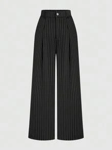 Sweetra Conjunto de traje de talla grande con chaleco de impresión de rayas blancas y negras de un solo botonadura y pantalones plisados de pierna ancha