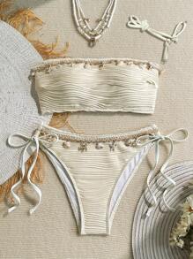 Swim Vcay Summer Women 2pcs Textured Solid Color Shell Strap Decor Halter Tie Bikini Set Set, Handmade Shell Quantity Random - Apricot - View 7