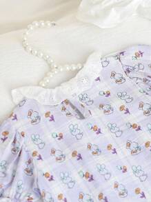 2pcs Baby GirlSoft & Comfy Purple Cute Rabbit Floral Print Top With Embroidered Collar & Back Keyhole Closure,Paired With Pants, Lovely Loungewear Set - Purple - View 8