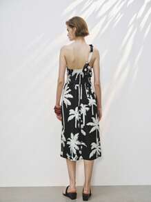 Lumivelle Women's Elegant Resort Slit Palm Tree Plant Print One Shoulder Dress - Black - View 2