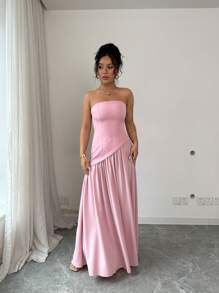 Selianne Women's Elegant Casual Solid Color Slash Shoulder A-Line Maxi Dress With Back Strap, Suitable For Afternoon Tea, Spring/Summer - Pink - View 6