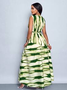 SOLERSUN Women Casual Holiday Deep V Neck Ruched Split Thigh Maxi Dress With Random Floral Print - Green - View 2