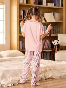 SHEIN 女童蝴蝶印花短袖衬衫和裤子睡衣休闲两件套 - 粉色 - 查看 2