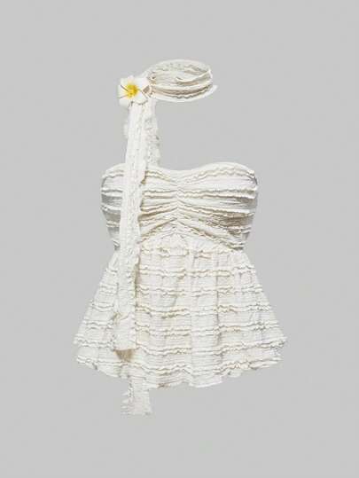 J-Fashion Blouse pour femmes style vacances Y2K avec décolleté ras-du-cou et décor d'hibiscus