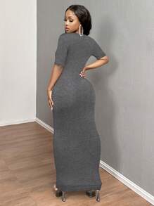SHEIN SXY 女式纯色 V 领修身短袖连衣裙 Hoco Dresses - 深灰色 - 查看 2