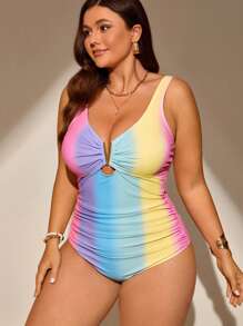 Swim Lushoire Plus Size Women Wide Strap Ombre Print Hollow Ruffled Side Drawstring Fitted One-Piece Swimsuit, Summer Beach Holiday - Multicolor - View 3