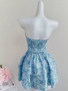 Elamini Ditsy Floral 抽绳腰部收腰双荷叶边下摆露背迷你连衣裙，百搭休闲度假优雅浪漫夏季适合海滩、下午茶、婚礼 - 藍色 - 查看 2