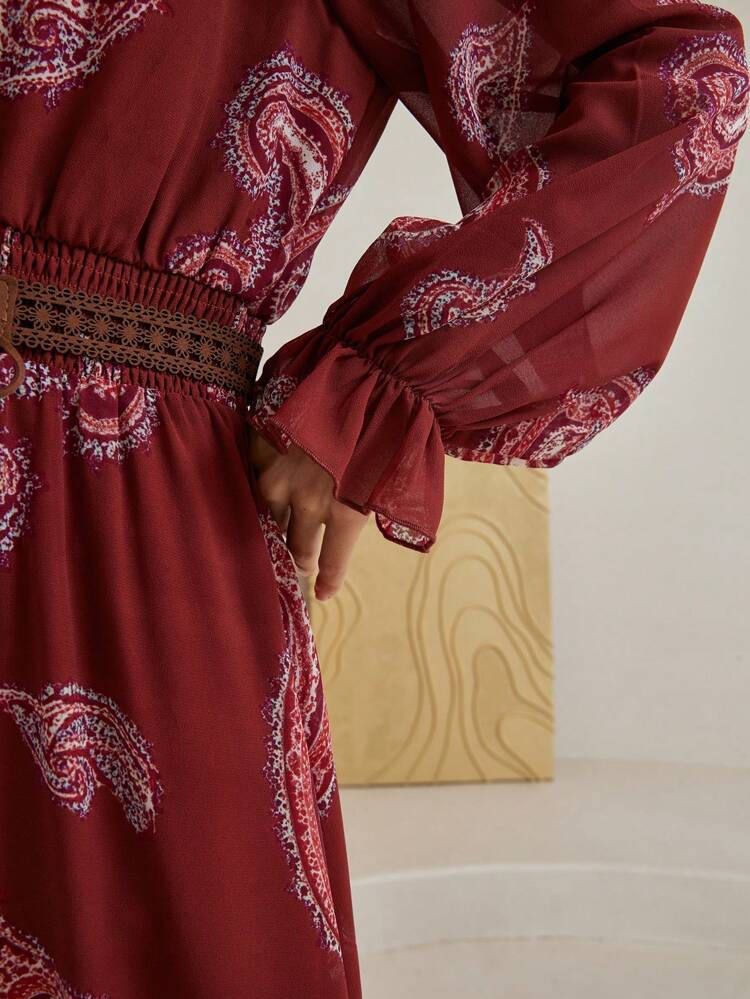 Fall Bohemian Style Floral Print Lace Up Cinched Waist Casual Holiday Midi Dress For Women Long Sleeve Dress Red Women Dresses Vacation Cruise Outfit For Women Boho