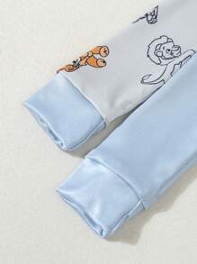 SHEIN 2pcs/Set Newborn Baby Boy Lion Print Long Sleeve Jumpsuit & Long Pants Tight Fit Sleepwear Loungewear, Spring/Summer - Multicolor - View 3
